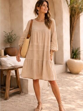 MANGO Pleated Oversized Babydoll Midi Dress Camel Coloured Sz Small Tan Neutral‎